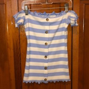 off the shoulder, light blue striped shirt